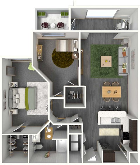 Floor plan for 2 beds, 1 bath, 965 sqft